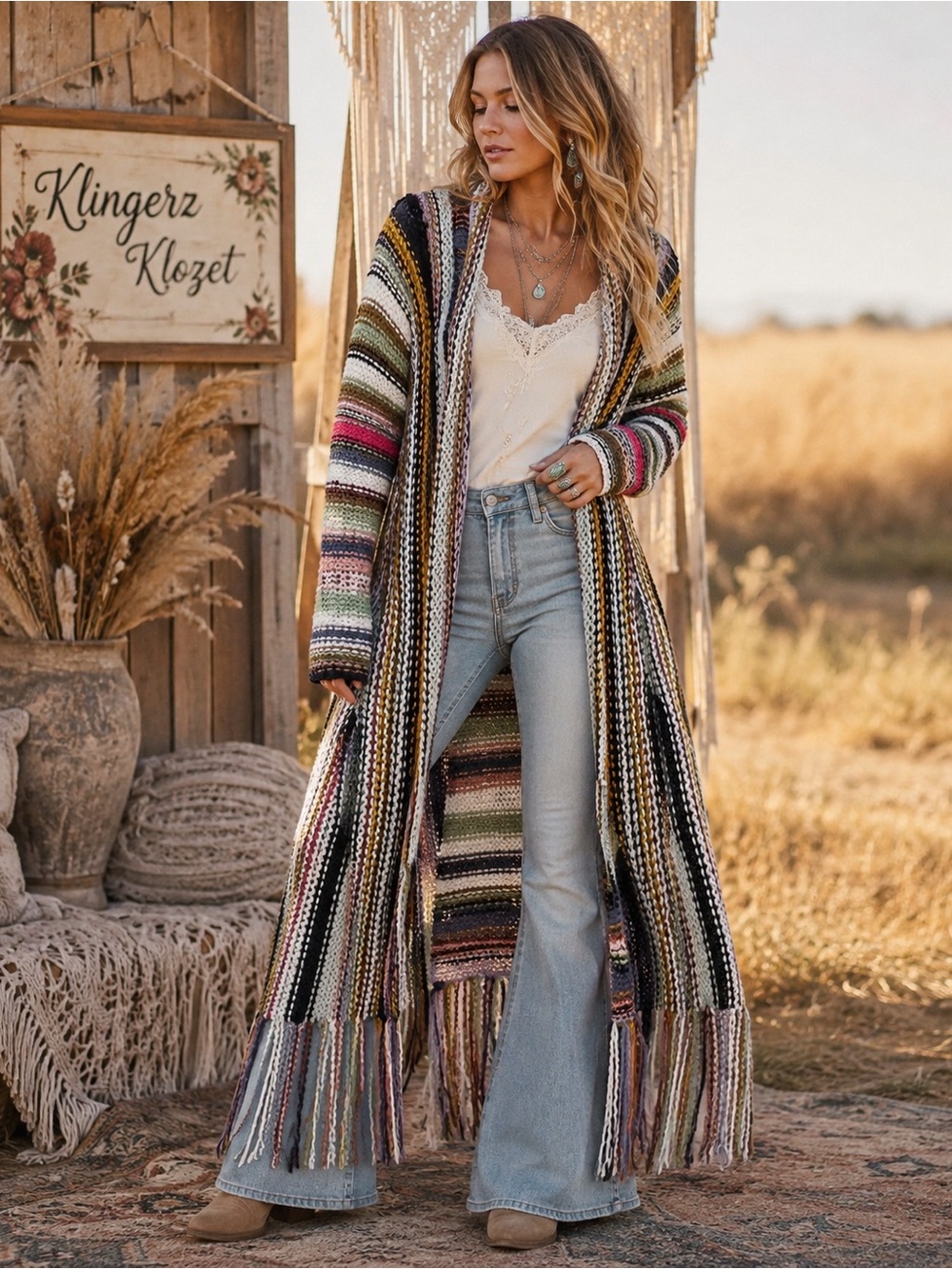✨ Bohemian Hippie Striped Fringe Maxi Cardigan Duster – One of a Kind Look ✨